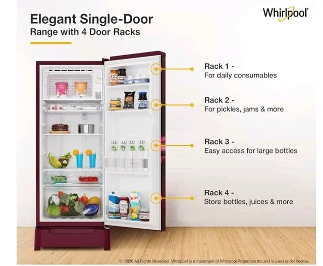 Whirlpool 192 L 4 Star Direct-Cool Single Door Refrigerator with Base Drawer (215 IMPC ROY 4S Wine PEONY-Y, Red, 2026 Model)
Product Images and Videos (AI-Generated Alt Text)