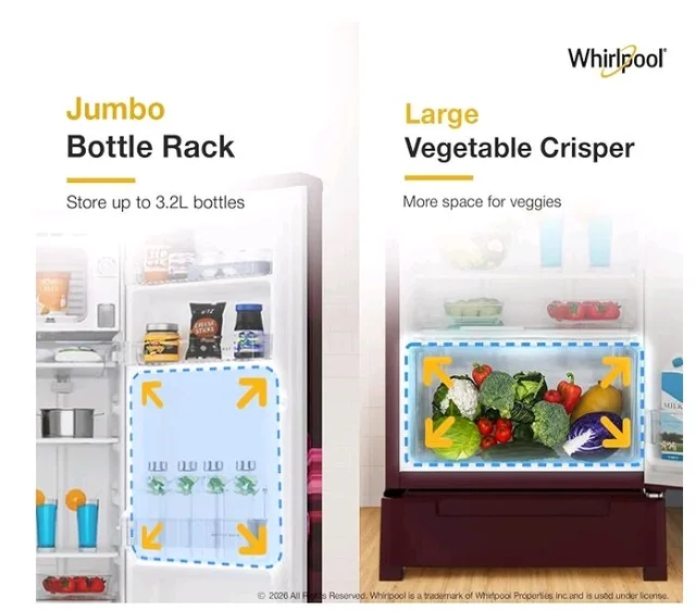 Whirlpool 192 L 4 Star Direct-Cool Single Door Refrigerator with Base Drawer (215 IMPC ROY 4S Wine PEONY-Y, Red, 2026 Model)
Product Images and Videos (AI-Generated Alt Text)