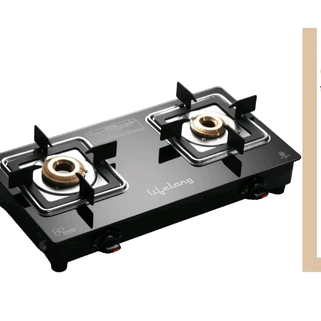 Lifelong Gas Stove 2 Burner | Premium Brass Burners, Glass Top, Manual Ignition | Square Pan Support, ISI Certified LPG Stove for Modular Kitchen | Black, 1 Year Warranty