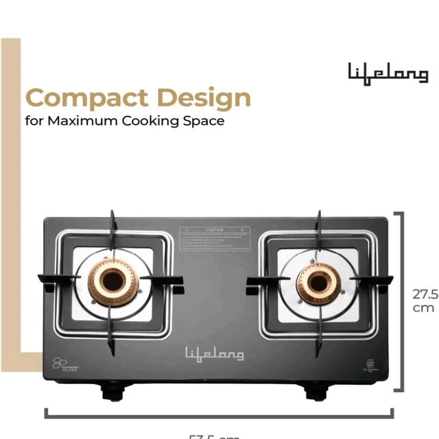 Lifelong Gas Stove 2 Burner | Premium Brass Burners, Glass Top, Manual Ignition | Square Pan Support, ISI Certified LPG Stove for Modular Kitchen | Black, 1 Year Warranty