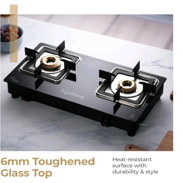Lifelong Gas Stove 2 Burner | Premium Brass Burners, Glass Top, Manual Ignition | Square Pan Support, ISI Certified LPG Stove for Modular Kitchen | Black, 1 Year Warranty