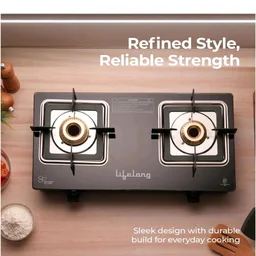 Lifelong Gas Stove 2 Burner | Premium Brass Burners, Glass Top, Manual Ignition | Square Pan Support, ISI Certified LPG Stove for Modular Kitchen | Black, 1 Year Warranty