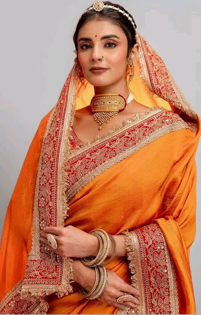 SIRIL Women's Vichitra Silk Sequins Embroidery Lace Saree With Unstitched Blouse Piece