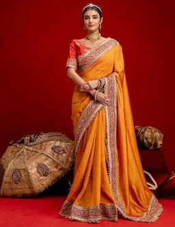 SIRIL Women's Vichitra Silk Sequins Embroidery Lace Saree With Unstitched Blouse Piece