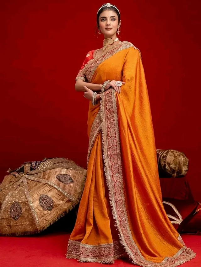 SIRIL Women's Vichitra Silk Sequins Embroidery Lace Saree With Unstitched Blouse Piece