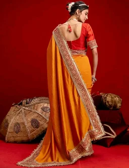 SIRIL Women's Vichitra Silk Sequins Embroidery Lace Saree With Unstitched Blouse Piece