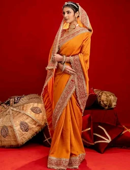SIRIL Women's Vichitra Silk Sequins Embroidery Lace Saree With Unstitched Blouse Piece