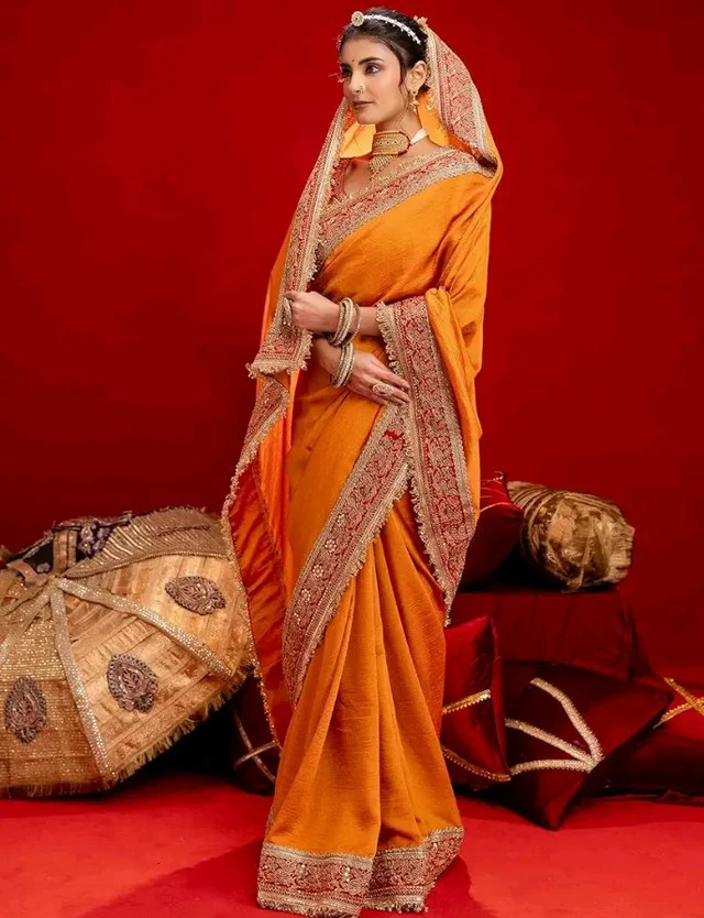 SIRIL Women's Vichitra Silk Sequins Embroidery Lace Saree With Unstitched Blouse Piece