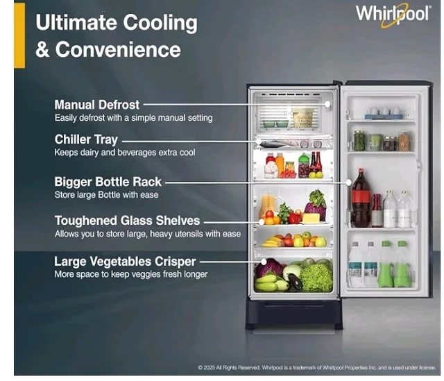 Whirlpool 184 L 5 Star Direct-Cool Single Door Refrigerator with Intellisense Inverter Compressor (205 WDE ROY 5S Inv SAPPHIRE SPRING-Y, Blue, 2026 Model)