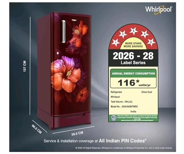 Whirlpool 184 L 5 Star Direct-Cool Single Door Refrigerator with Intellisense Inverter Compressor (205 WDE ROY 5S Inv WINE SPRING-Y, Red, 2026 Model)
