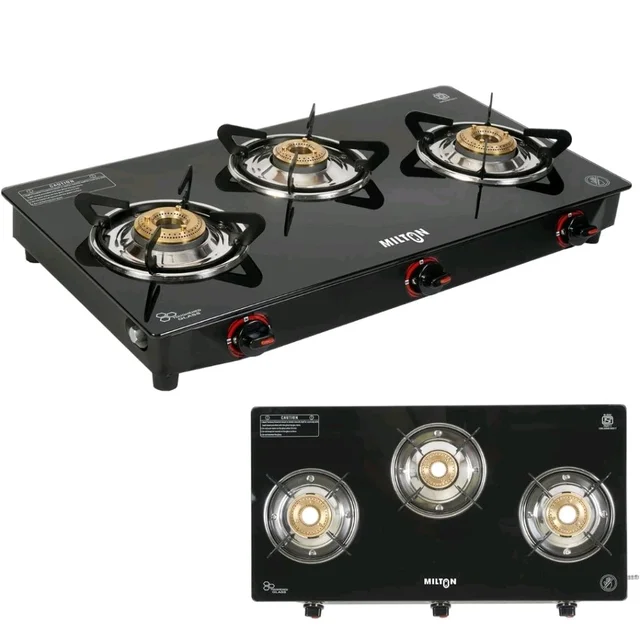 ILTON Premium 3 Burner Black Manual Ignition Glass Top Gas Stove, (ISI Certified