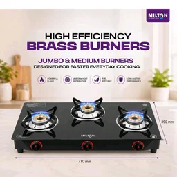 ILTON Premium 3 Burner Black Manual Ignition Glass Top Gas Stove, (ISI Certified