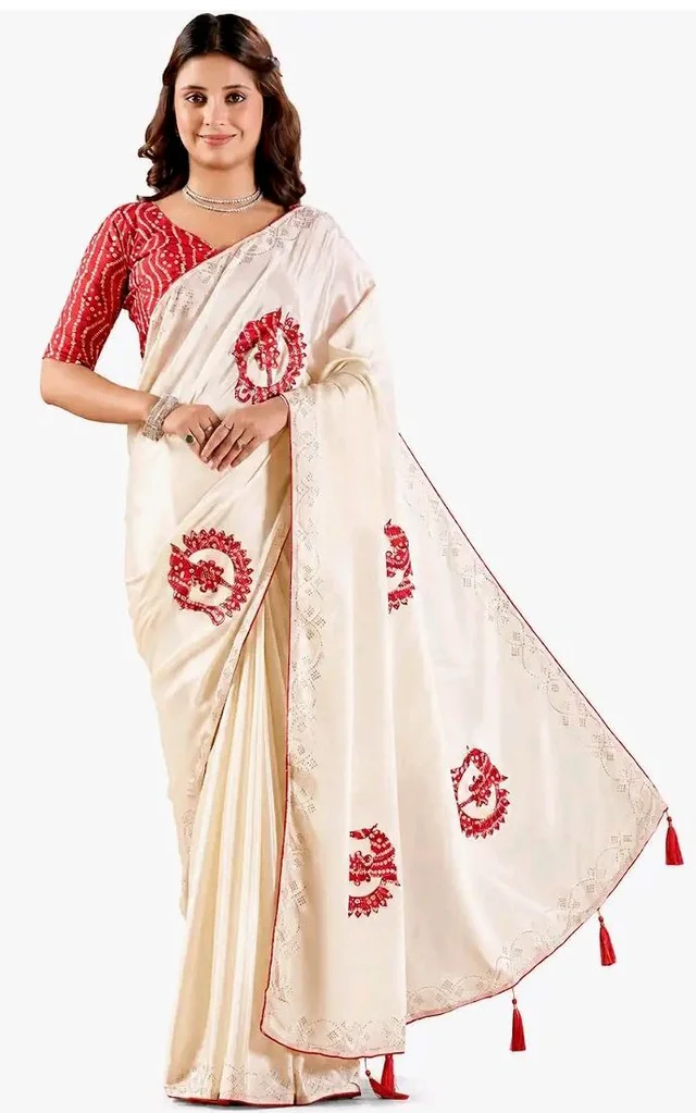 Women's Off White Chinon Saree with Bandhani Patch Work | Stone Work Border & Piping | Bandhani Blouse Piece | Festive & Wedding Saree