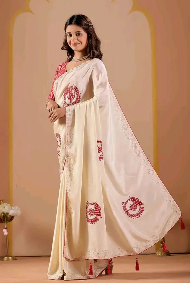 Women's Off White Chinon Saree with Bandhani Patch Work | Stone Work Border & Piping | Bandhani Blouse Piece | Festive & Wedding Saree