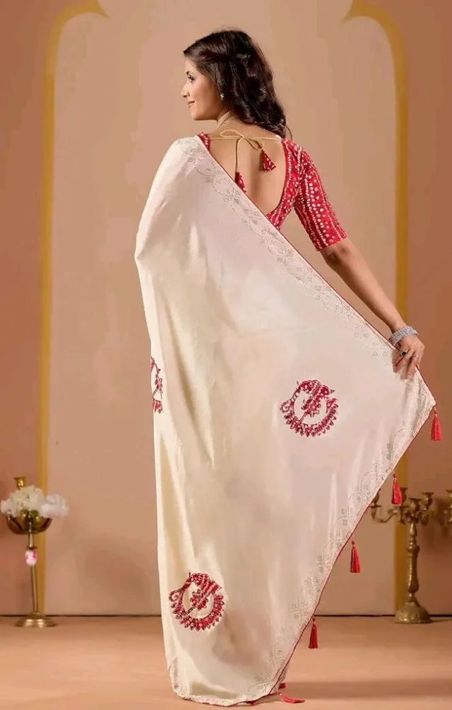 Women's Off White Chinon Saree with Bandhani Patch Work | Stone Work Border & Piping | Bandhani Blouse Piece | Festive & Wedding Saree
