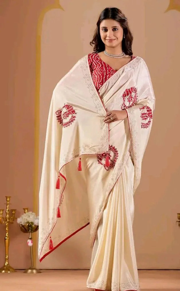 Women's Off White Chinon Saree with Bandhani Patch Work | Stone Work Border & Piping | Bandhani Blouse Piece | Festive & Wedding Saree