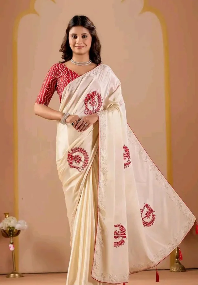 Women's Off White Chinon Saree with Bandhani Patch Work | Stone Work Border & Piping | Bandhani Blouse Piece | Festive & Wedding Saree