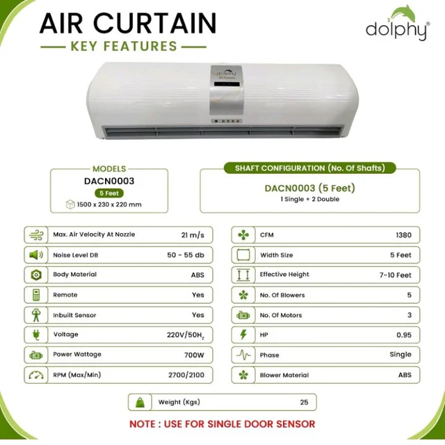 DOLPHY Air Curtain with Single Door Sensor & Remote - 700 W (5 Feet)