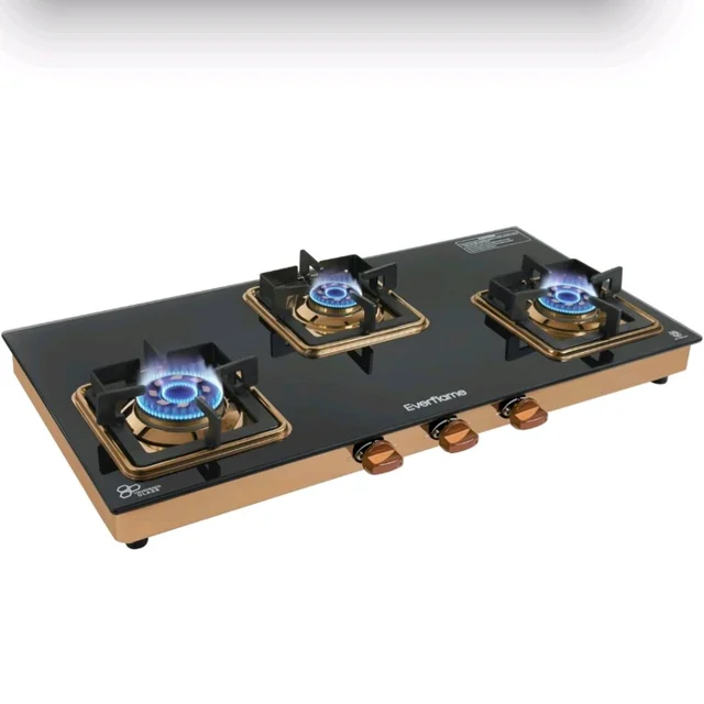 Everflame Aurum 3 Burner Gas Stove | ISI Certified | Manual Ignition LPG Gas Stove | 5G Brass Burner | 5 Years Warranty on (Glass & Burners) + 2 Years Comprehensive Warranty + Doorstep Service