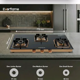 Everflame Aurum 3 Burner Gas Stove | ISI Certified | Manual Ignition LPG Gas Stove | 5G Brass Burner | 5 Years Warranty on (Glass & Burners) + 2 Years Comprehensive Warranty + Doorstep Service