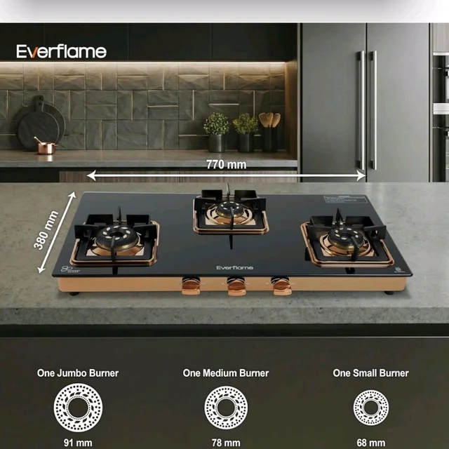 Everflame Aurum 3 Burner Gas Stove | ISI Certified | Manual Ignition LPG Gas Stove | 5G Brass Burner | 5 Years Warranty on (Glass & Burners) + 2 Years Comprehensive Warranty + Doorstep Service