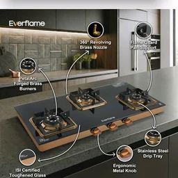 Everflame Aurum 3 Burner Gas Stove | ISI Certified | Manual Ignition LPG Gas Stove | 5G Brass Burner | 5 Years Warranty on (Glass & Burners) + 2 Years Comprehensive Warranty + Doorstep Service