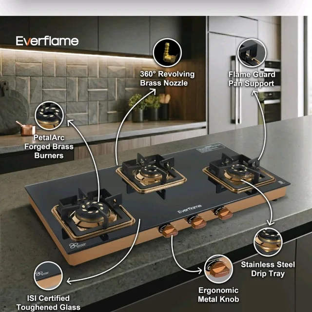 Everflame Aurum 3 Burner Gas Stove | ISI Certified | Manual Ignition LPG Gas Stove | 5G Brass Burner | 5 Years Warranty on (Glass & Burners) + 2 Years Comprehensive Warranty + Doorstep Service