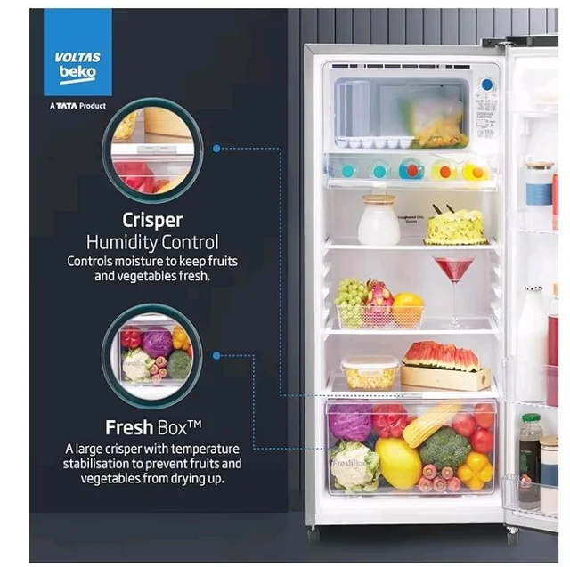 Voltas Beko, A Tata Product 183 L, 2-Star Single Door Direct Cool Refrigerator with Fresh Box Technology (RDC215C / 2S0XIR0M0000GO, Hairline Silver)
