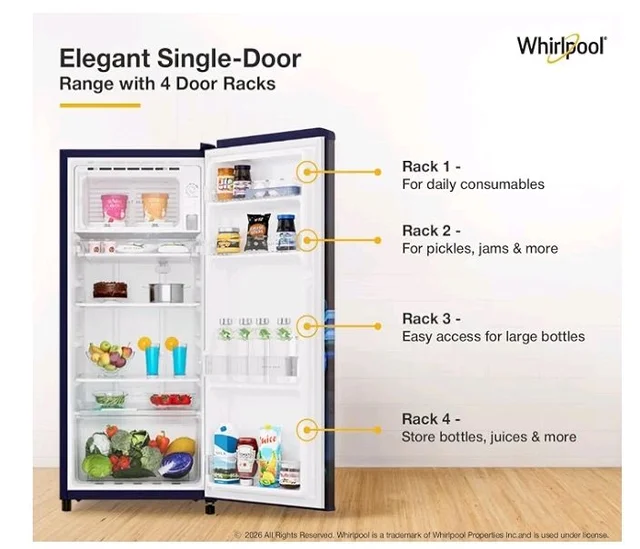 Whirlpool 192 L 4 Star Icemagic Powercool Direct-Cool Single Door Refrigerator (215 IMPC PRM 4S SAPPHIRE PEONY-Y, Blue, 2026 Model)