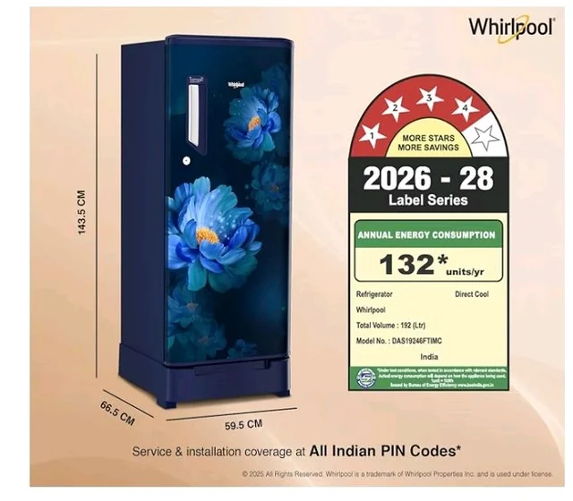 Whirlpool 192 L 4 Star Icemagic Powercool Direct-Cool Single Door Refrigerator with Base Drawer (215 IMPC ROY 4S SAPPHIRE PEONY-Y, Blue, 2026 Model)