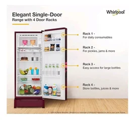 Whirlpool 192 L 4 Star Direct-Cool Single Door Refrigerator with Base Drawer (215 IMPC ROY 4S Wine PEONY-Y, Red, 2026 Model)
Product Images and Videos (AI-Generated Alt Text)