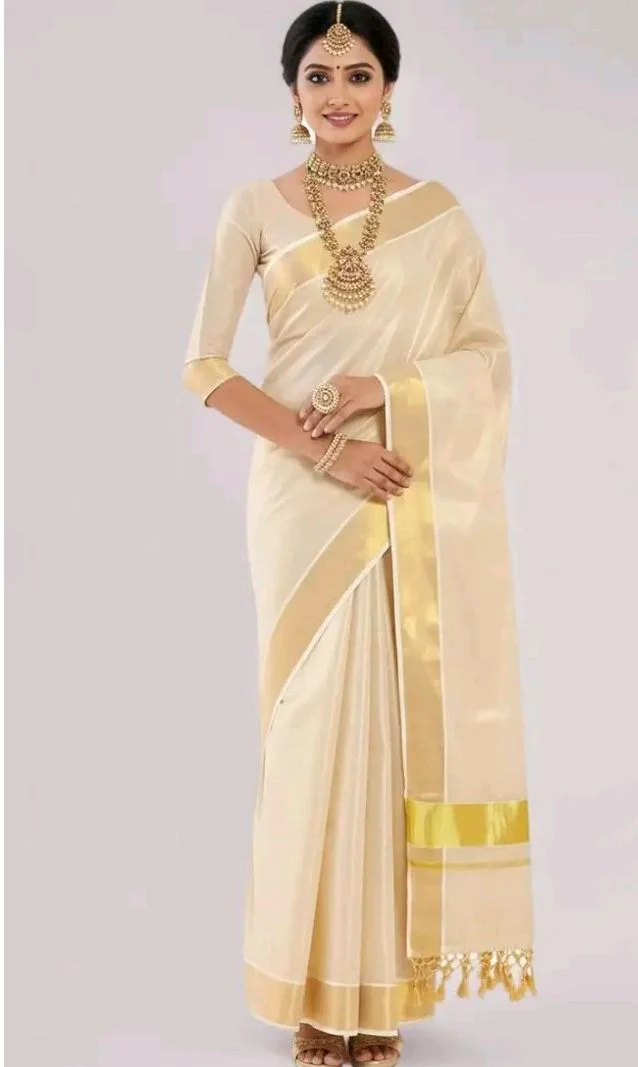 Women’s Kerala Tissue Plain Saree with Running Blouse| Onam & Vishu Kani Special | Traditional Kasavu White Colour
100+ bought in past month