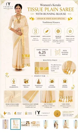 Women’s Kerala Tissue Plain Saree with Running Blouse| Onam & Vishu Kani Special | Traditional Kasavu White Colour
100+ bought in past month