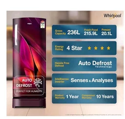 Whirlpool 236 L 4 Star Frost Free Inverter Direct-Cool Single Door Refrigerator (Auto-Defrost, Intellisense Inverter, 260 IMPRO PLUS ROY 4S WINE Breeze-Z)