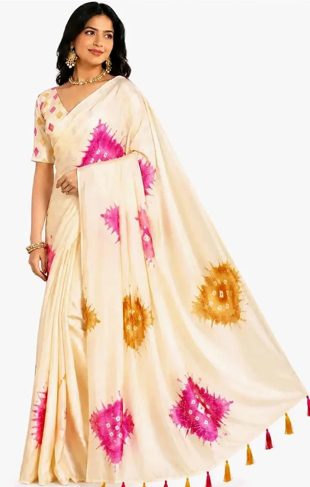 Elegant Cream Ivory Soft Silk Saree | Pink Floral Digital Print | Designer Tassel Pallu | Saree for Women