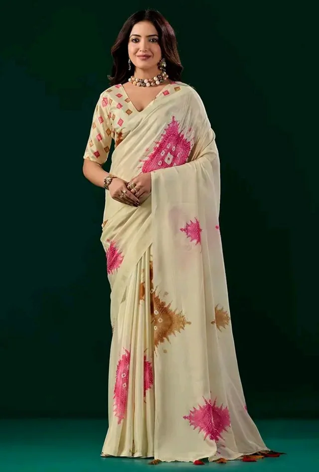 Elegant Cream Ivory Soft Silk Saree | Pink Floral Digital Print | Designer Tassel Pallu | Saree for Women