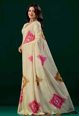 Elegant Cream Ivory Soft Silk Saree | Pink Floral Digital Print | Designer Tassel Pallu | Saree for Women