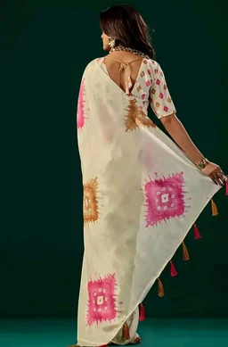 Elegant Cream Ivory Soft Silk Saree | Pink Floral Digital Print | Designer Tassel Pallu | Saree for Women