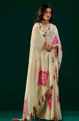 Elegant Cream Ivory Soft Silk Saree | Pink Floral Digital Print | Designer Tassel Pallu | Saree for Women