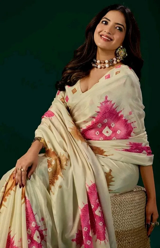 Elegant Cream Ivory Soft Silk Saree | Pink Floral Digital Print | Designer Tassel Pallu | Saree for Women