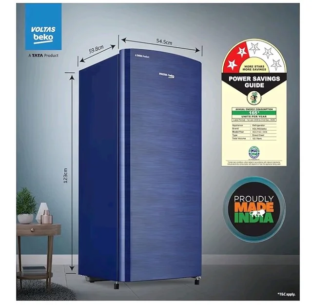 Voltas Beko, A Tata Product 183 L, 2-Star Single Door Direct Cool Refrigerator with Fresh Box Technology (RDC215C / 2S0XER0M0000GO, Hairline Blue)