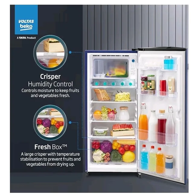 Voltas Beko, A Tata Product 183 L, 2-Star Single Door Direct Cool Refrigerator with Fresh Box Technology (RDC215C / 2S0XER0M0000GO, Hairline Blue)