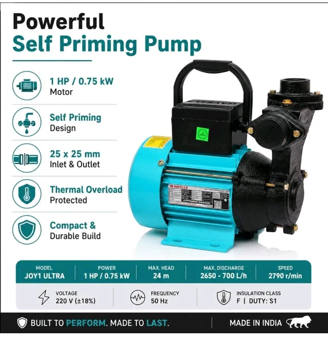 Havells JOY1 Ultra Self Priming Monoblock Pump 1 HP (0.75 kW) | 25x25 mm | 24m Head | 2650-700 LPH | Single Phase Water Pump for Home | Tank | Garden