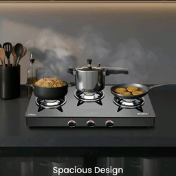 Sujata Standard Gas Stove 3 Burners Glass Top | 9 Years Warranty | Manual Gas Stove for Modular Kitchen, ISI Certified, SABAF Valve, LPG & PNG Compatible, 360° Rotating Brass Nozzle (Black