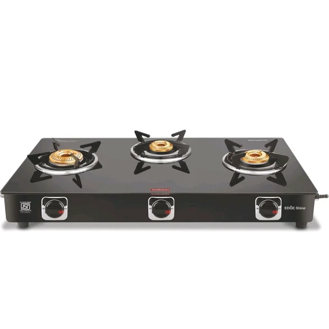 Vidiem Edge Shine Gas Stove | 8mm Toughened Glass Top | Extra Large Cooking Surface | Heavy-Duty Brass Burners | Manual Ignition | Lifetime Glass Warranty (3 Burner)