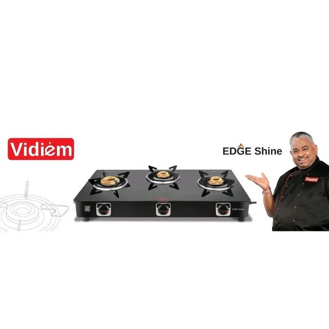 Vidiem Edge Shine Gas Stove | 8mm Toughened Glass Top | Extra Large Cooking Surface | Heavy-Duty Brass Burners | Manual Ignition | Lifetime Glass Warranty (3 Burner)