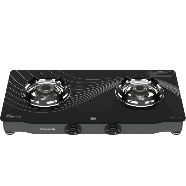 Butterfly Renz 2 Open Burner 3 Star Glass Top Gas Stove | Fan Shield | Leak Proof European Valve | Rust Resistant Frame | Patented Lift Lock | 8Mm Tempered Designer Glass | 2 Years Product Warranty