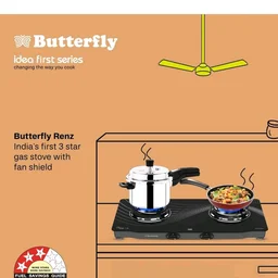 Butterfly Renz 2 Open Burner 3 Star Glass Top Gas Stove | Fan Shield | Leak Proof European Valve | Rust Resistant Frame | Patented Lift Lock | 8Mm Tempered Designer Glass | 2 Years Product Warranty
