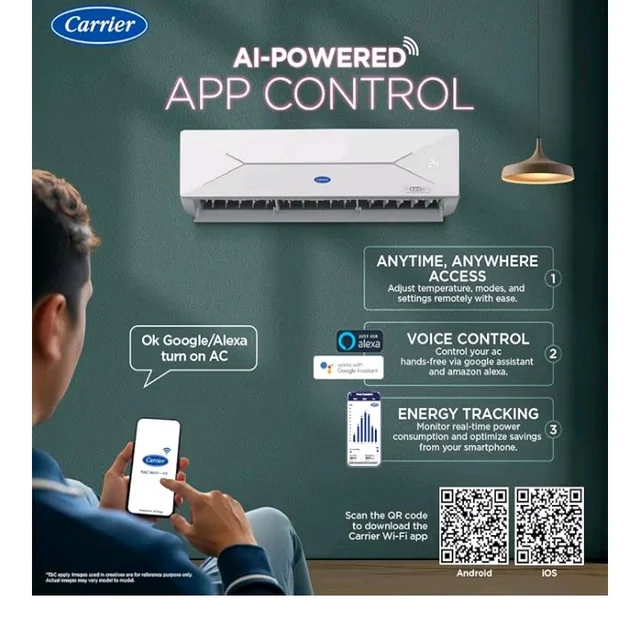 Carrier 1.5 Ton 3 Star Wi-Fi Smart Flexicool Inverter Split AC (Copper, Convertible 6-in-1 with Wi-Fi with Geo-Fencing, Smart Energy Display, New BEE rated,