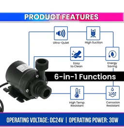 amiciFlo DC 24V Water Pump | Ultra-Quiet Submersible Pump with 780L/H Flow and 3.5M Lift Height, Durable Brushless Motor